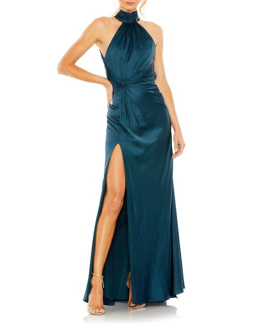 Ieena for Mac Duggal Side Ruched Satin Halter Gown in at