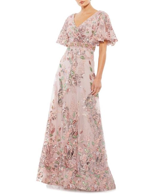 Mac Duggal Sequin Floral Butterfly Sleeve A-Line Gown in at