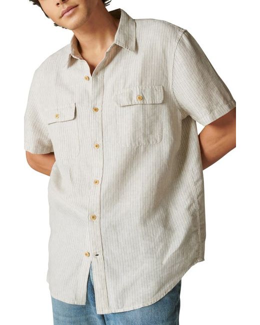 Lucky Brand Stripe Short Sleeve Linen Cotton Button-Up Workshirt in at