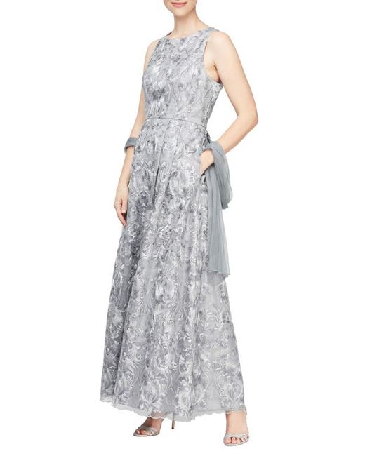 Alex Evenings Embroidered Sleeveless Gown with Mesh Shawl in at