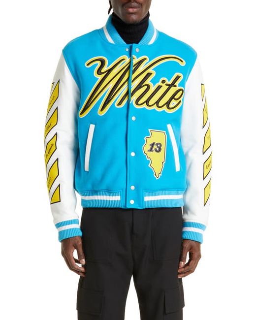 Off-White Leather Virgin Wool Blend Varsity Jacket in at