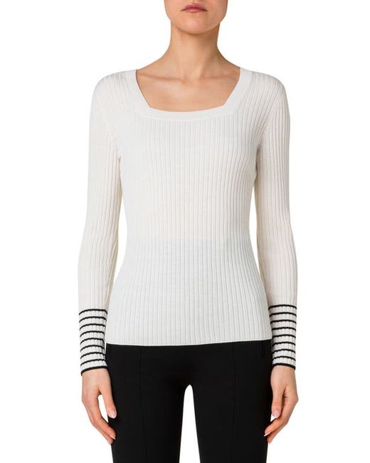 Akris Punto Square Neck Rib Virgin Merino Wool Fitted Sweater in at 4