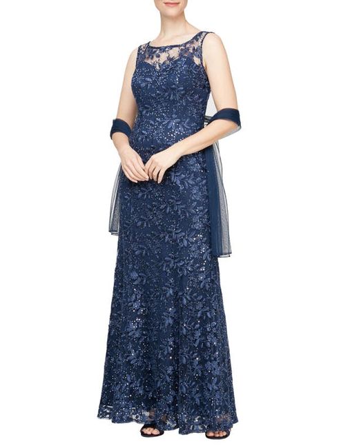Alex Evenings Embroidered Illusion Neck Gown with Shawl in at 14P