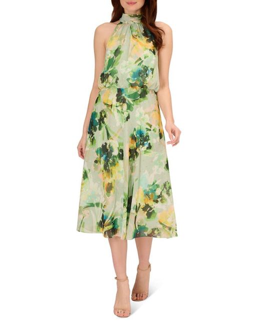 Adrianna Papell Floral High Neck Chiffon Midi Dress in at 10