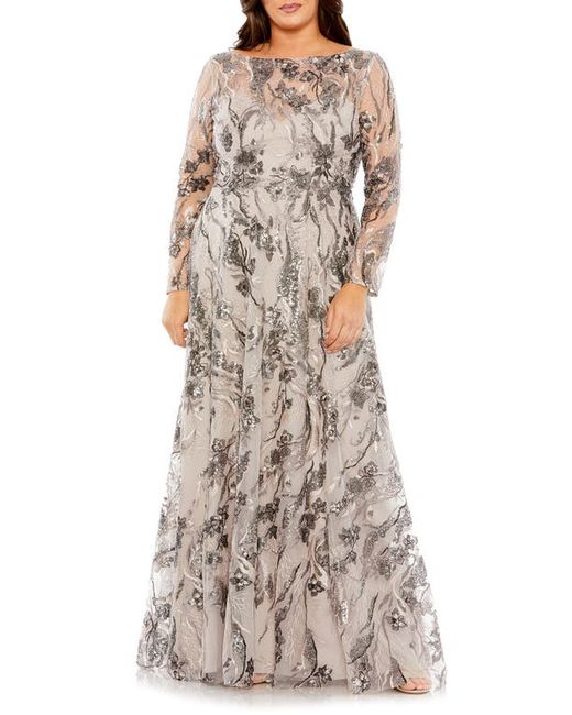 Fabulouss By Mac Duggal Floral Sequin Embroidered Long Sleeve A-Line Dress in at 14W