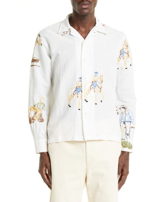 Bode Boxy Buckaroo Embroidered Long Sleeve Linen Cotton Button-Up Shirt in at Small