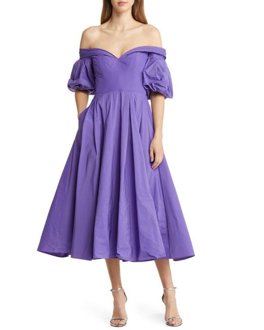 Marchesa Notte Puff Sleeve Off the Shoulder Taffeta Cocktail Dress in at 6