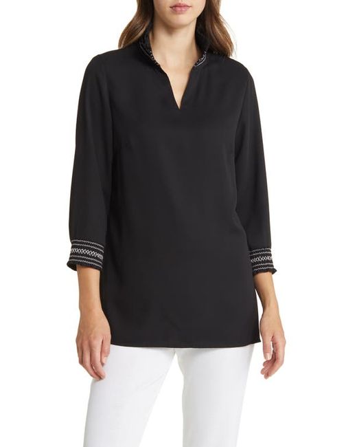 Ming Wang Embroidered Detail Crepe Tunic Blouse in Black at Large
