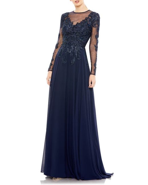 Mac Duggal Beaded Illusion Lace Long Sleeve A-Line Gown in at 4