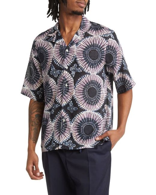 Officine Generale Eren Medallion Print Short Sleeve Button-Up Camp Shirt in Dknavy/Blue/Plumwine at Small