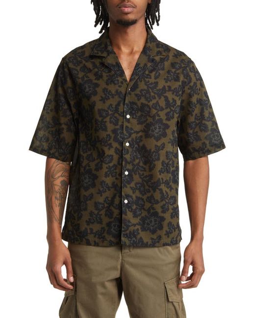 Officine Generale Erenss Oversize Floral Textured Short Sleeve Camp Shirt in Olive/Black at Medium