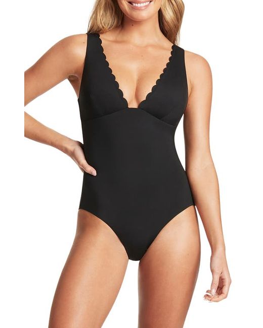 Sea Level Scalloped Plunge One-Piece Swimsuit in at 4 Us