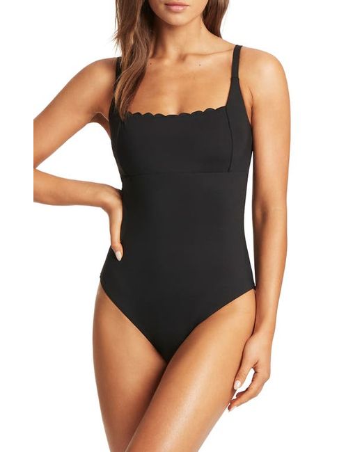 Sea Level Scalloped Square Neck One-Piece Swimsuit in at