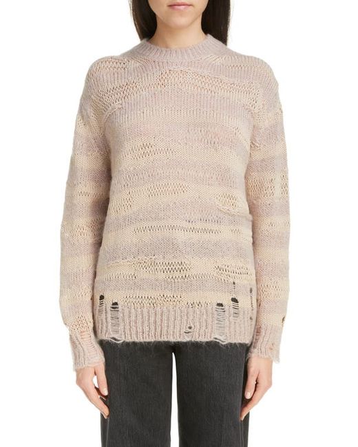 Acne Studios Karita Distressed Stripe Open Stitch Cotton Mohair Wool Blend Sweater in Warm Champagne at X-Small