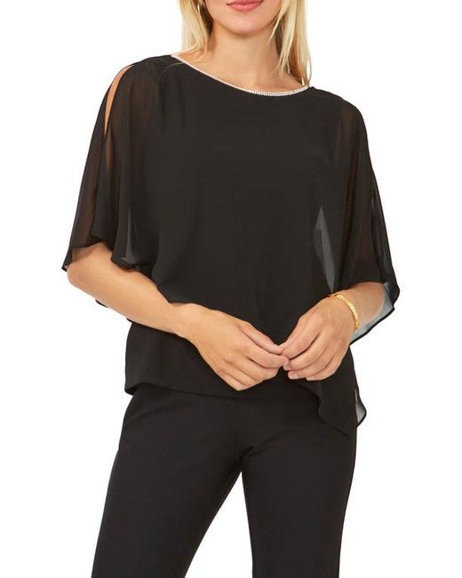 Chaus Rhinestone Trim Cold Shoulder Overlay Top in at Small