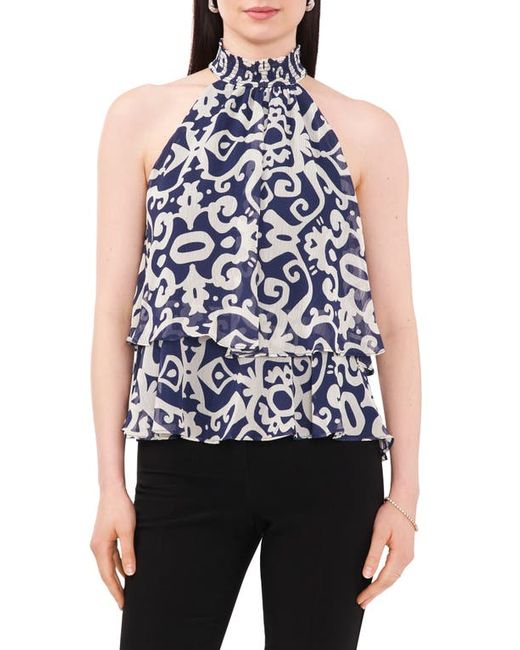 Chaus Medallion Print Smocked Halter Neck Blouse in Navy/White at Small