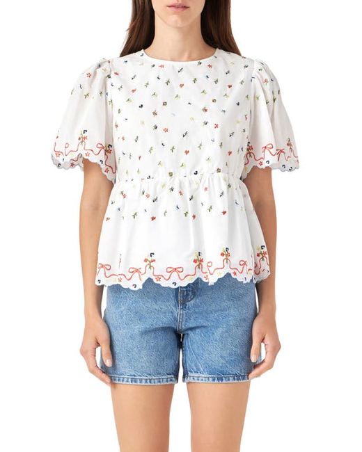 English Factory Floral Embroidered Scallop Top in at X-Small