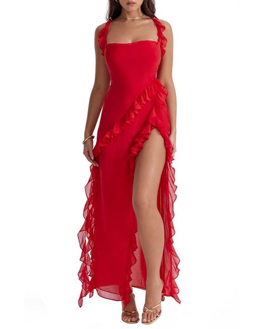 House Of Cb Ruffle Side Slit Gown in at X-Small