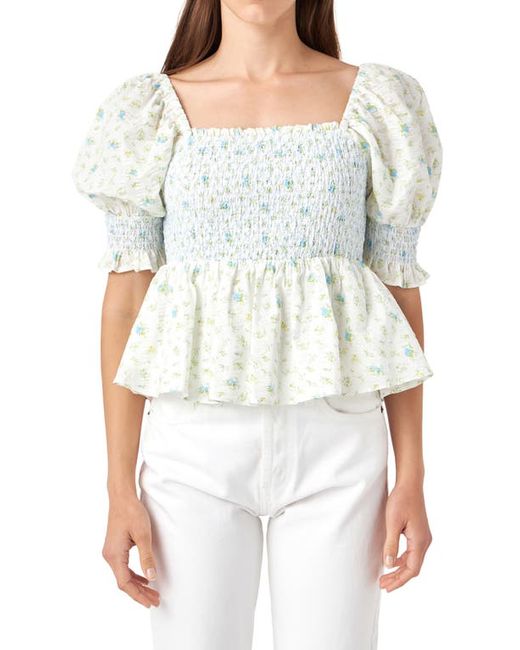 English Factory Floral Print Puff Sleeve Peplum Blouse in at X-Small