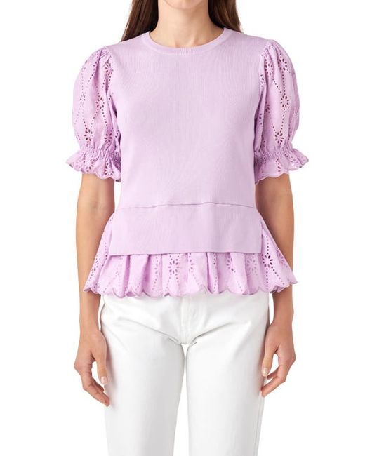 English Factory Mixed Media Eyelet Puff Sleeve Peplum Top in at X-Small
