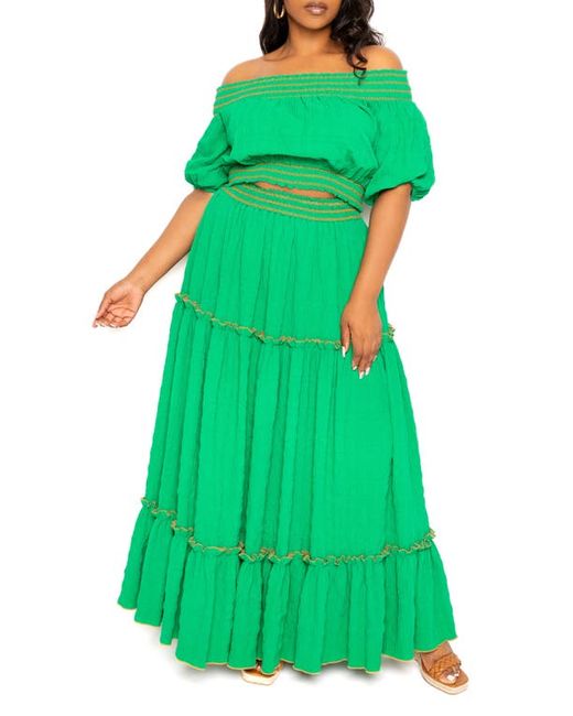 Buxom Couture Smocked Off the Shoulder Puff Sleeve Top Maxi Skirt Set in at 1X
