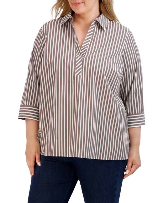 Foxcroft Sophia Stripe Three-Quarter Sleeve Stretch Button-Up Shirt in at 1X