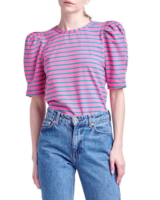 English Factory Stripe Puff Sleeve Top in Pink at X-Small