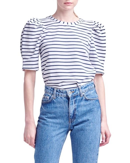 English Factory Stripe Puff Sleeve Top in White/Navy at