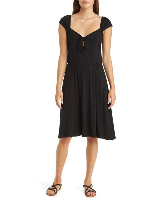Loveappella Tie Front Cap Sleeve A-Line Dress in at X-Small