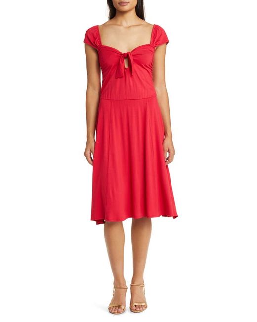 Loveappella Tie Front Cap Sleeve A-Line Dress in at X-Small