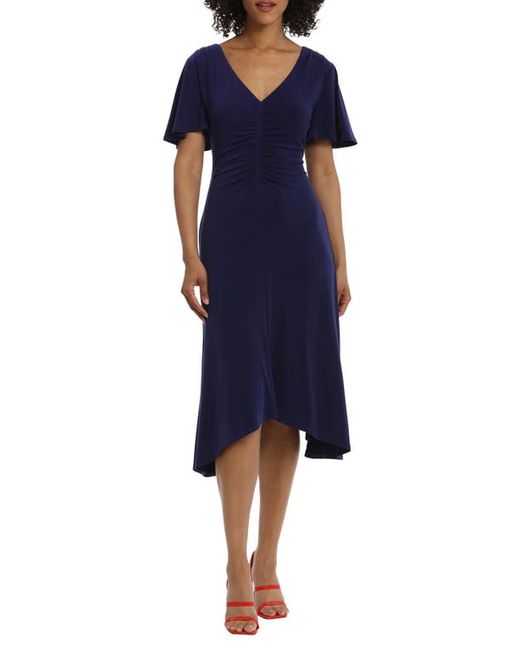 Maggy London Ruched Flutter Sleeve Midi Dress in at 0