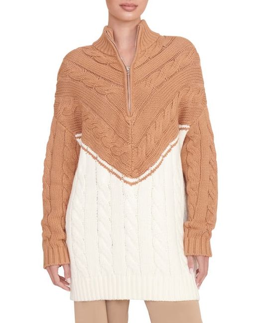 Staud Hampton Half Zip Cable Stitch Sweater in Camel/Ivory at X-Small