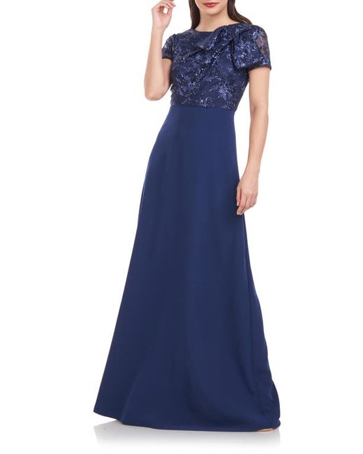 JS Collections Rae Floral Embroidered Bow Detail A-Line Gown in at 2