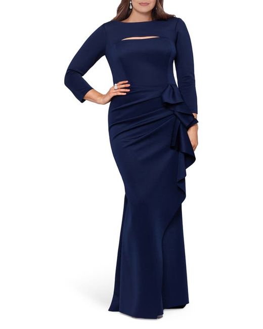 Xscape Cutout Wrap Skirt Long Sleeve Scuba Crepe Gown in at 14