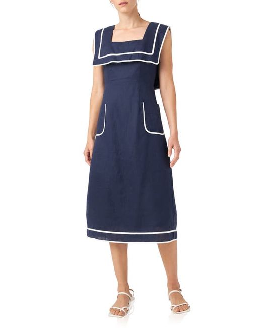 English Factory Sleeveless Linen A-Line Dress in Navy/White at
