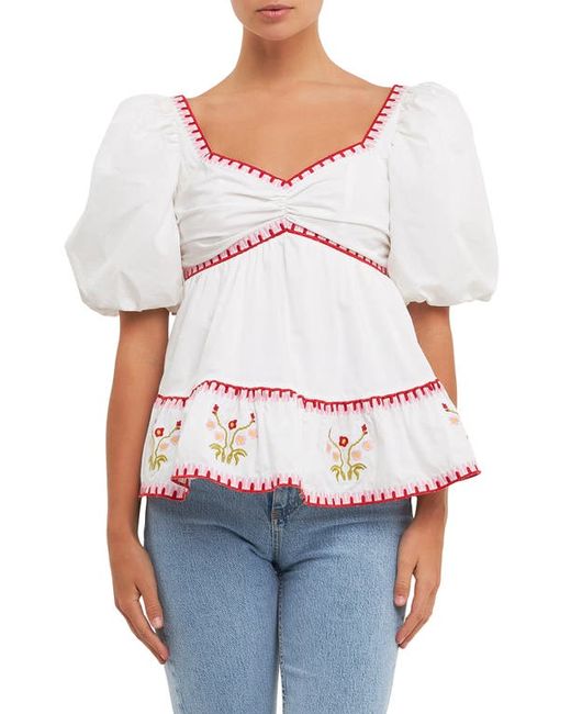 English Factory Embroidered Puff Sleeve Peplum Cotton Top in Ivory at X-Small