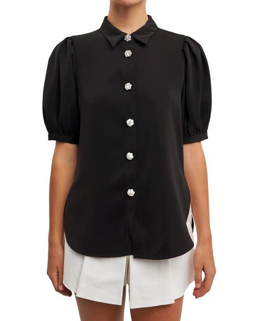 English Factory Puff Sleeve Embellished Button-Up Blouse in at X-Small