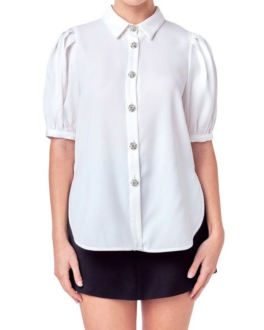 English Factory Puff Sleeve Embellished Button-Up Blouse in at X-Small