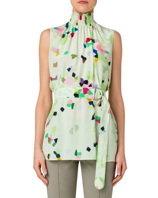 Akris Punto Abstract Print Belted Sleeveless Silk Blouse in at