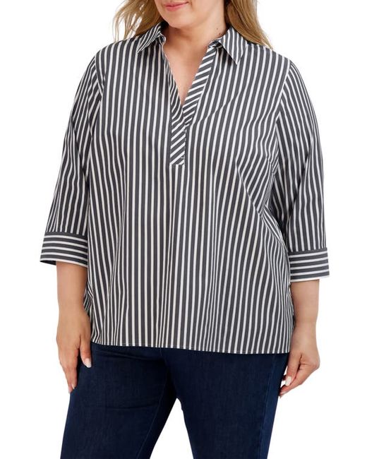 Foxcroft Sophia Stripe Three-Quarter Sleeve Stretch Button-Up Shirt in at 1X