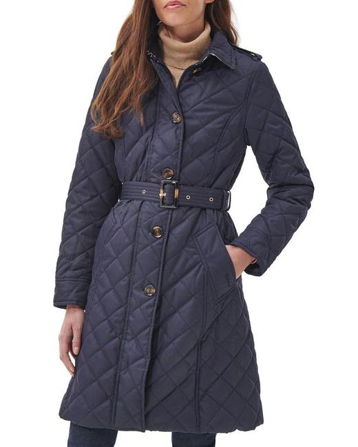 Barbour Rosalind Quilted Belted Trench Coat in Midnight/Rosewood Tartan at 6 Us