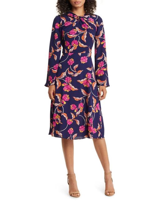 Maggy London Floral Twist Neck Long Sleeve Midi Dress in Navy/Wine at 0