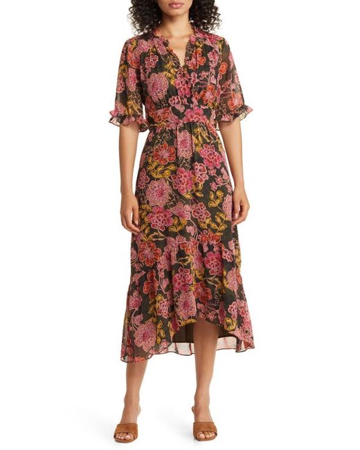 Maggy London Floral Ruffle Faux Wrap Midi Dress in Olive Coral at 0