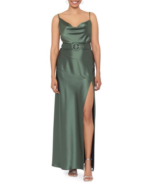 Xscape Cowl Neck Belted Satin Cocktail Dress in at 4