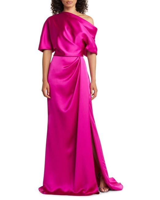Amsale Gathered One-Shoulder Satin Gown in at 2