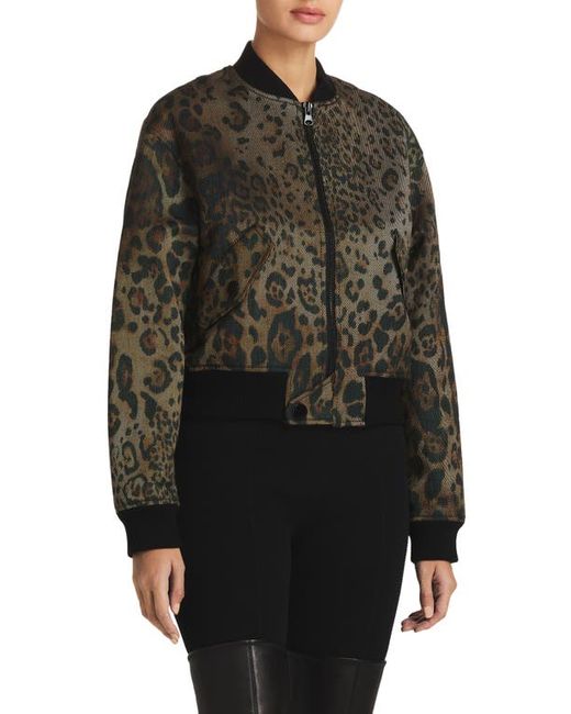 St. John Collection Leopard Print Cotton Blend Twill Bomber Jacket in Black/Vicuna Multi at Large