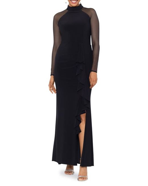 Betsy & Adam Illusion Mesh Long Sleeve Scuba Gown in at 4