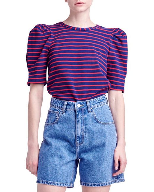 English Factory Stripe Puff Sleeve Top in Navy at X-Small