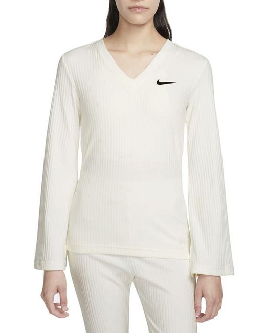 Nike Sportswear Rib Jersey Long Sleeve V-Neck Top in Sail at X-Small