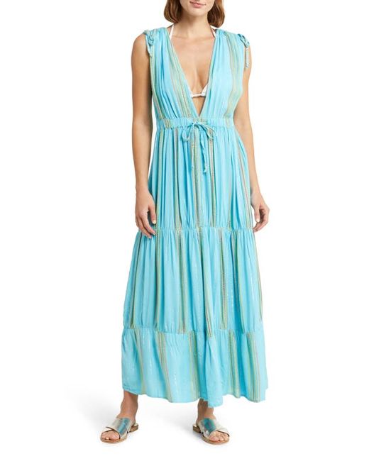 Elan Stripe Deep V-Neck Cover-Up Maxi Dress in Aqua/Lime at X-Small